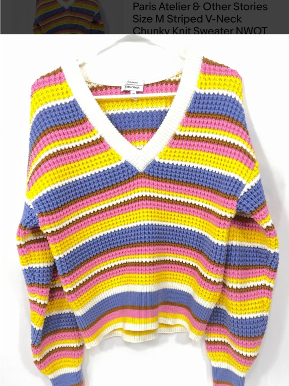 Multicolor V-Neck Striped Chunky Knit Sweater & other stories
